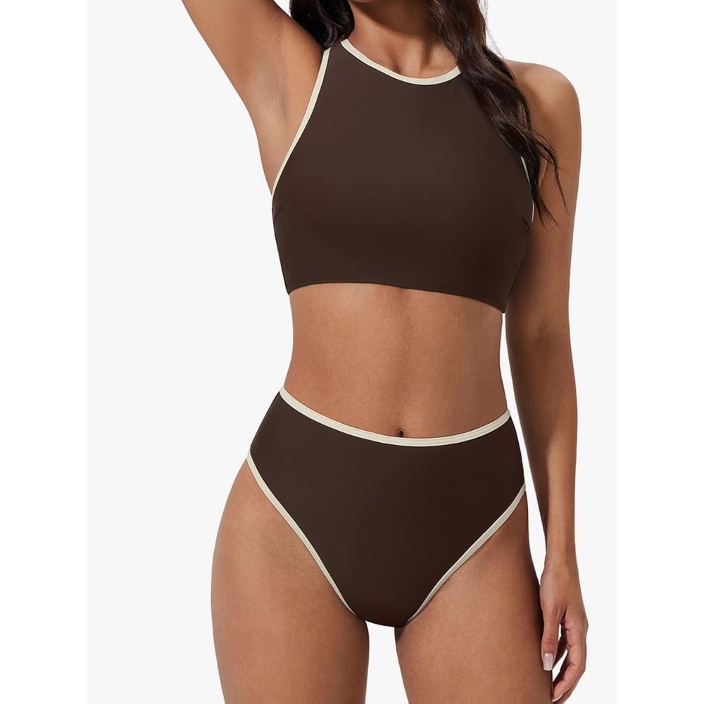 Suuksess Brown High Waisted Bikini Set High Neck Racerback Swimsuit NWT